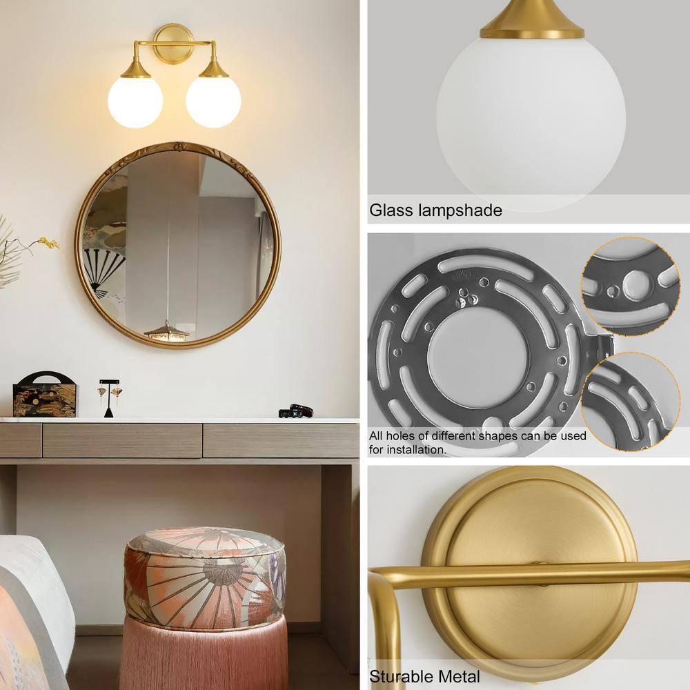 14.17 in. 2-Light Gold Vanity Light with Milk White Glass Shade, Suitable for Bathrooms Dining Room Powder Rooms