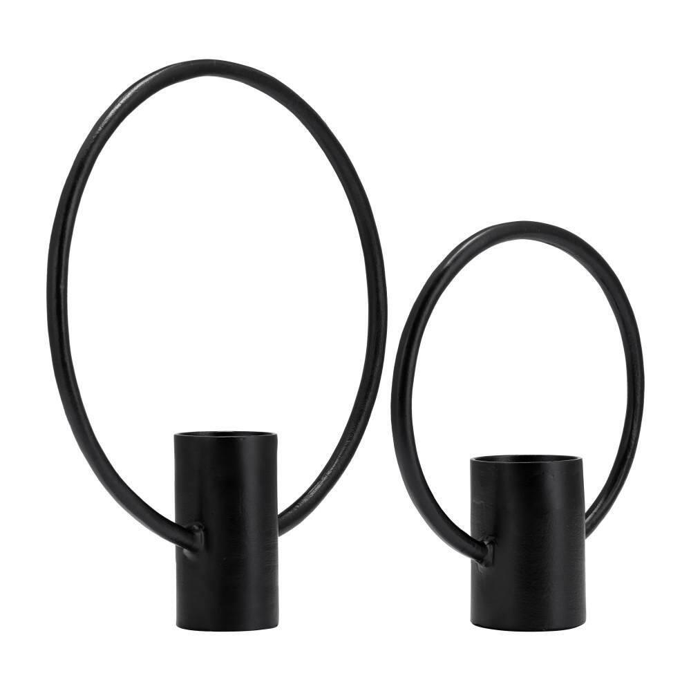 Sagebrook Home Set of 2 Metal Decorative Ring Candle Holders - Contemporary Abstract Black Aluminum Ring