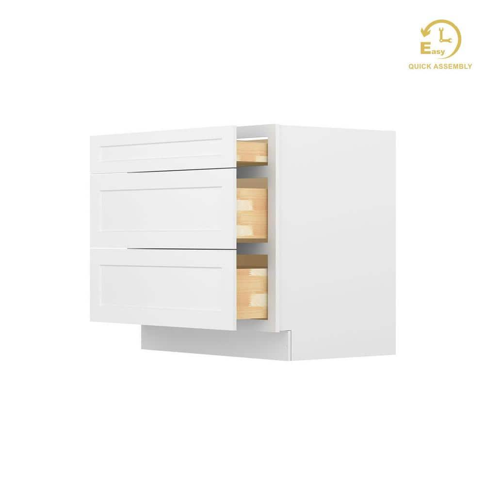 HOMLUX Easy-DIY 36 in W x 24 in D x 34.5 in H in Shaker White Ready to Assemble Drawer Base Kitchen Cabinet With 3-Drawers
