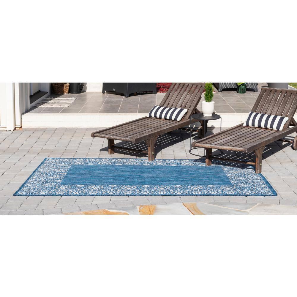 Unique Loom Outdoor Border Collection Area Rug - Floral Border (5' 1" x 8' Rectangle Blue/Ivory)