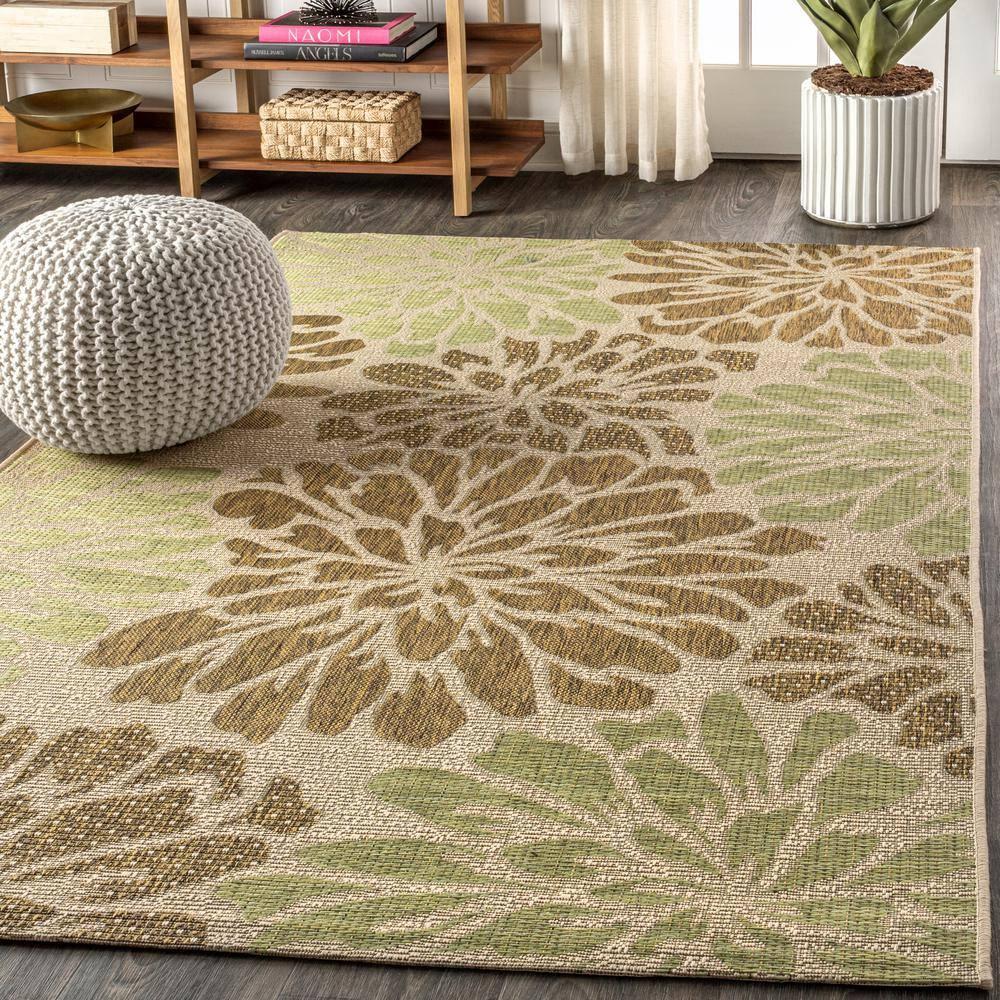 4'x6' Zinnia Modern Floral Textured Weave Indoor/Outdoor Area Rug, Sage/Brown - JONATHAN Y