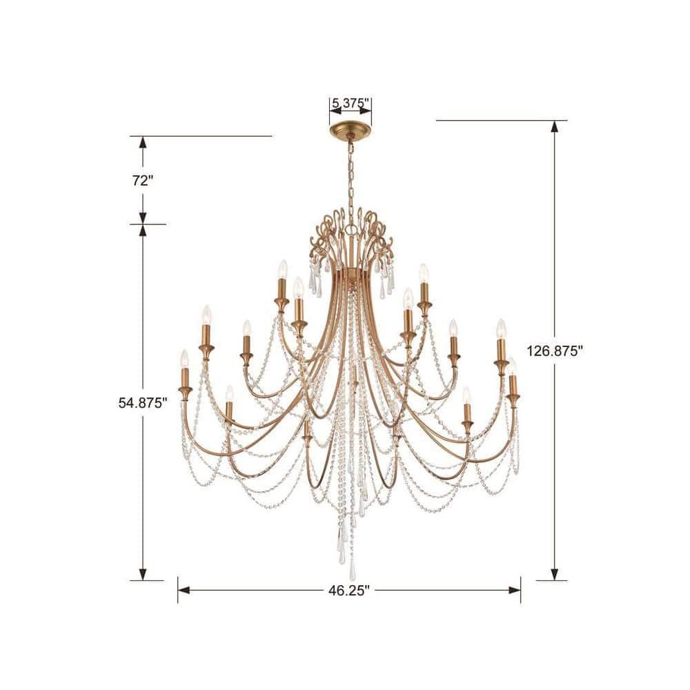 Crystorama Arcadia 15 Light Antique Gold Chandelier - 46.25"W x 54.75"H