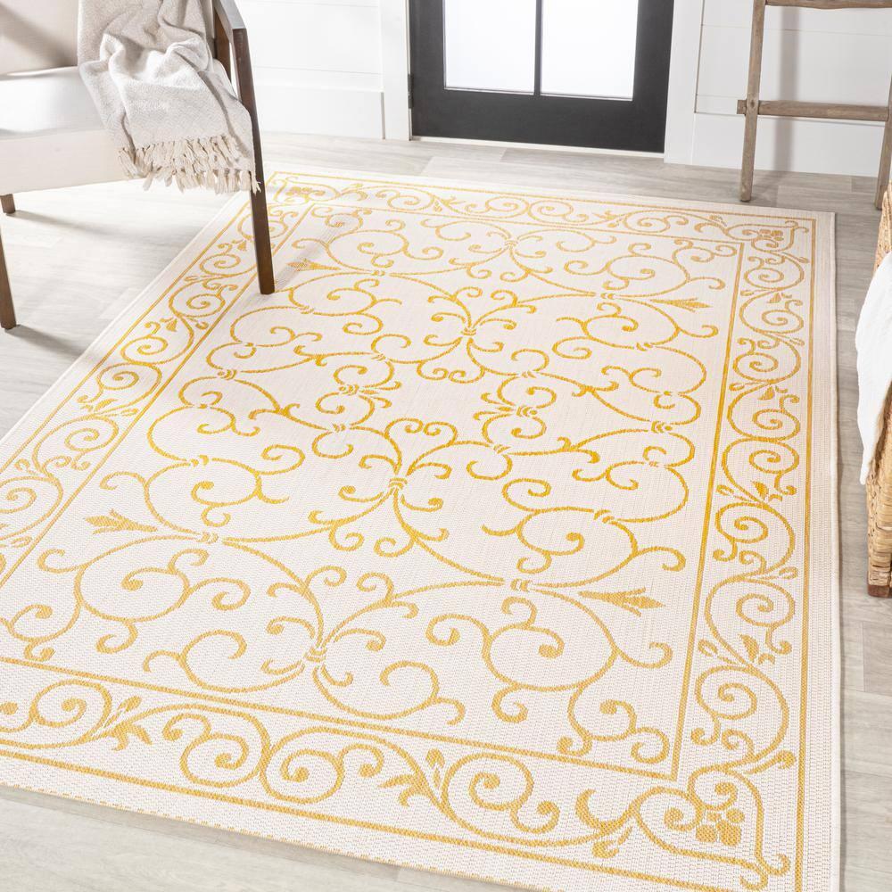 5' x 8' Charleston Vintage Filigree Textured Weave Indoor/Outdoor Area Rug, Cream/Yellow - JONATHAN Y