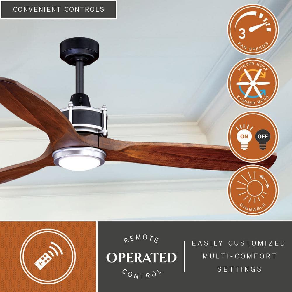 VAXCEL Curtiss 52-in. Contemporary Indoor Outdoor Propeller Ceiling Fan with Wood Blades, LED Light Kit and Remote, Matte Black and Brushed Silver
