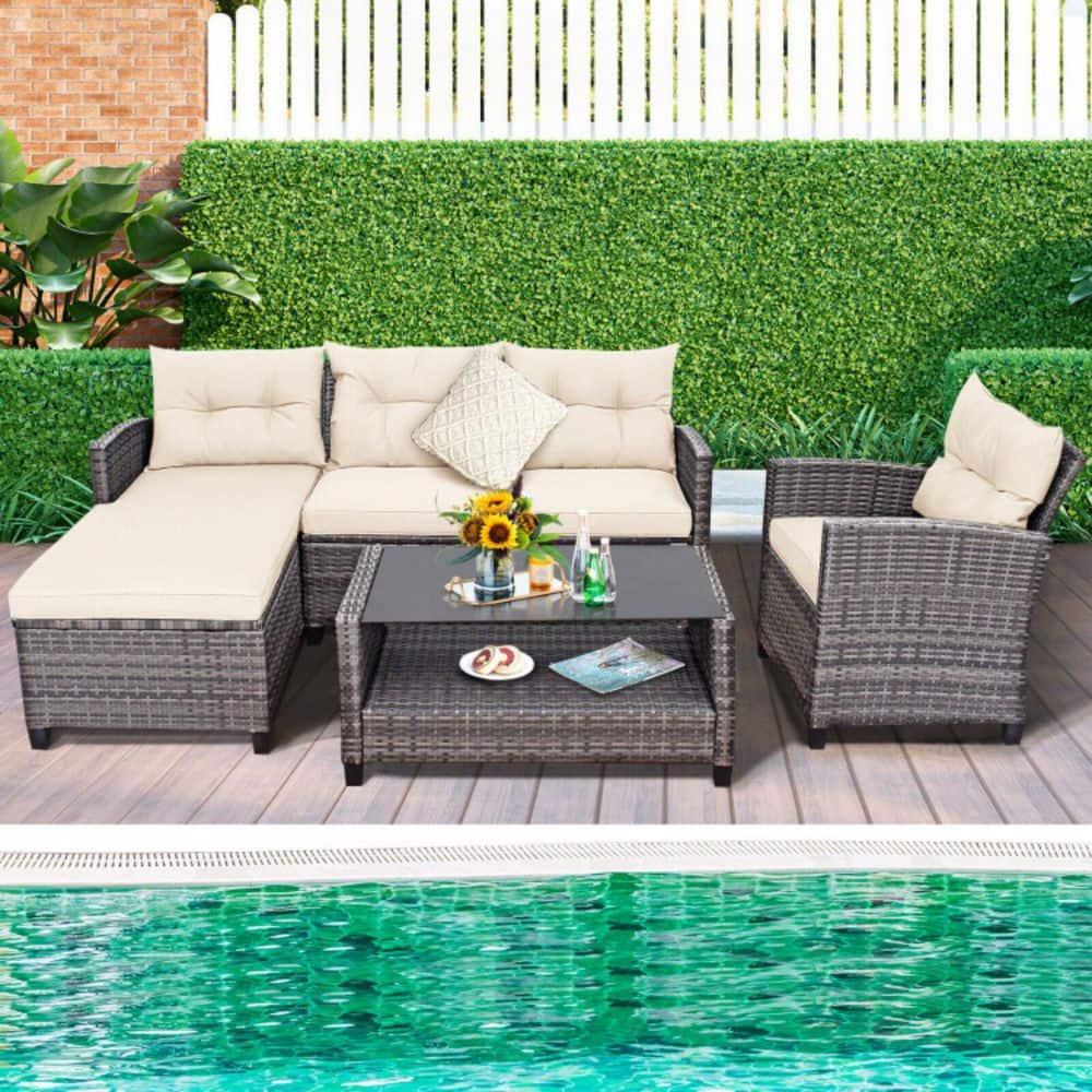 Costway 4PCS Patio Rattan Furniture Set Sofa Ottoman Cushion Garden Deck White