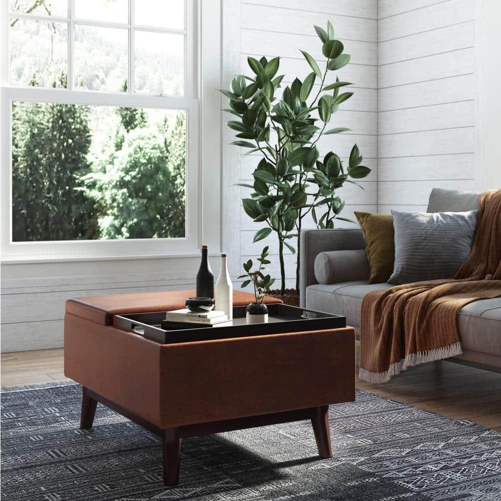Simpli Home Owen 34"W Small Upholstered Coffee Table Storage Ottoman with Flip-Over Tray Top and Solid Wood Legs