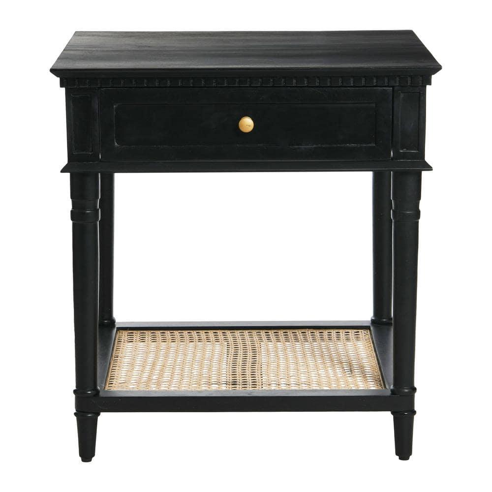 Storied Home Maxwelton End Table Black: Elegant Square Nightstand with Storage Drawer & Cane Shelf