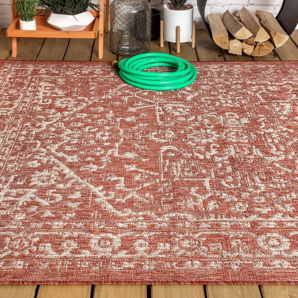 4'x6' Malta Bohemian Medallion Textured Weave Indoor/Outdoor Area Rug, Red/Taupe - JONATHAN Y