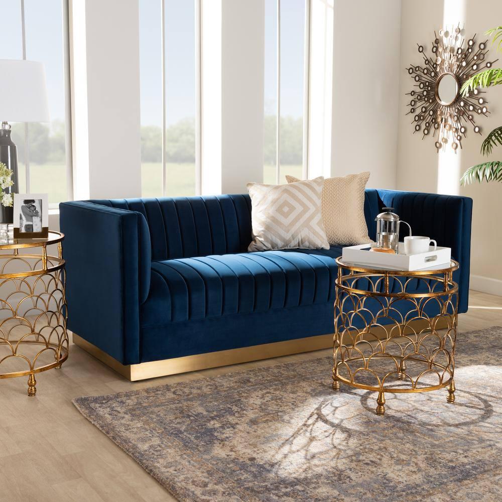 Aveline Velvet Upholstered Finished Sofa Navy Blue/Gold - Baxton Studio: Chic, Tufted, No Assembly, Metal Base