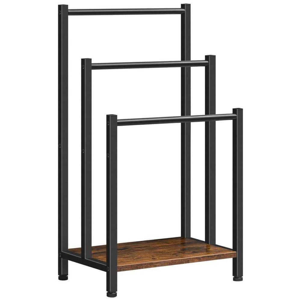 HOOBRO Free Standing Towel Rack, 3 Tier Blanket Rack, Blanket Holder for Bathroom, 16.9" L x 11" W x 31.9" H, Industrial Metal Drying and Display Rack with Shelf, Rustic Brown and Black BF03LB01