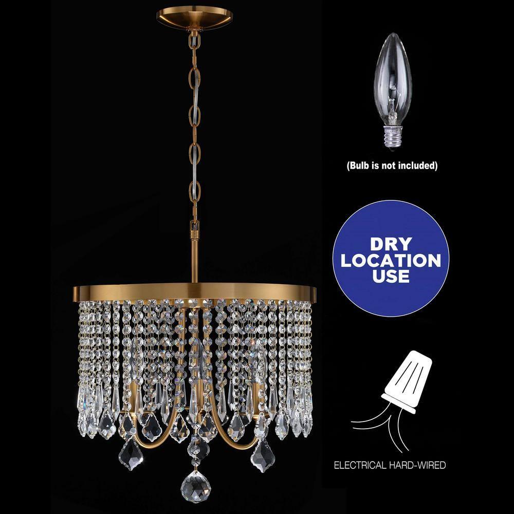 3-Light 16.25 in Antique Brass Finish Crystal Chandelier