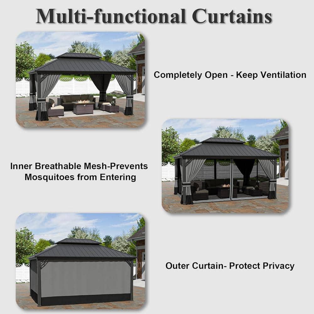 Kozyard Kozyard Alexander Gray Double Roof Hardtop Gazebo with Privacy Curtain Mosquito Netting