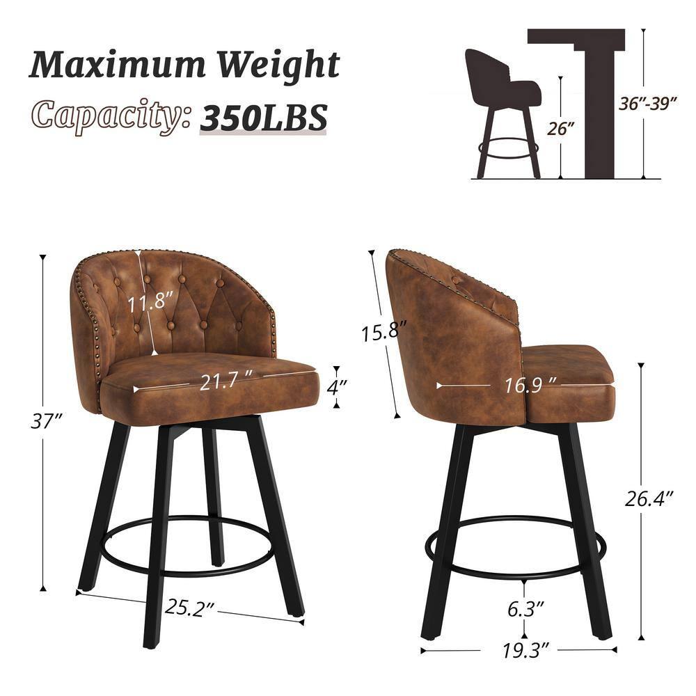 Dycanpo 26" Tall Counter Height Bar Stools Set of 4 with Back Faux Leather for Home Kitchen, Brown