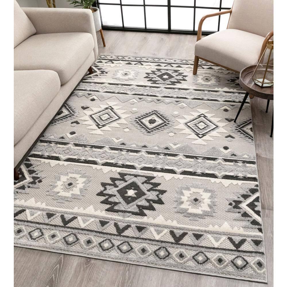 Ebern Designs Dickenson Mamba Geometric Grey Indoor/Outdoor Hi-Lo Area Rug