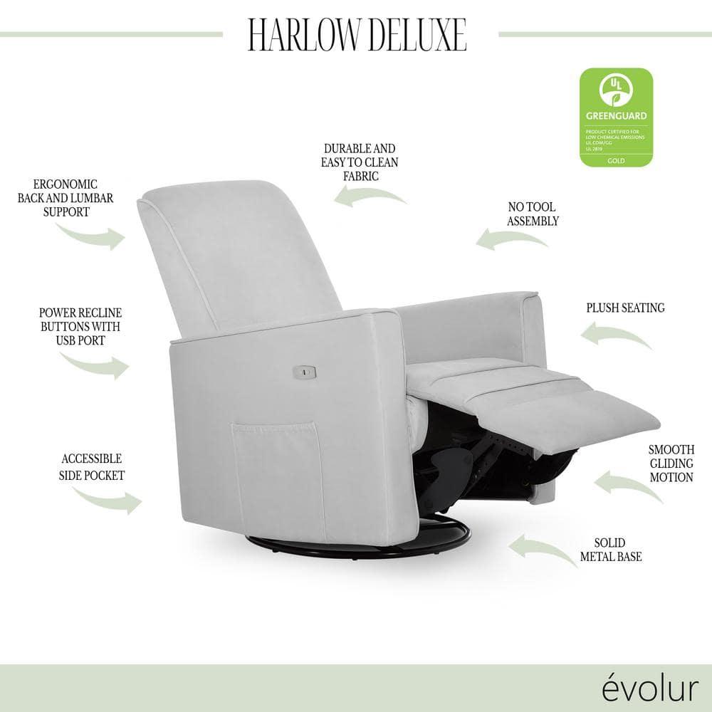 Evolur Harlow Deluxe Greenguard Gold Certified Upholstered Plush Seating Glider Swivel & Power Recliner, Grey