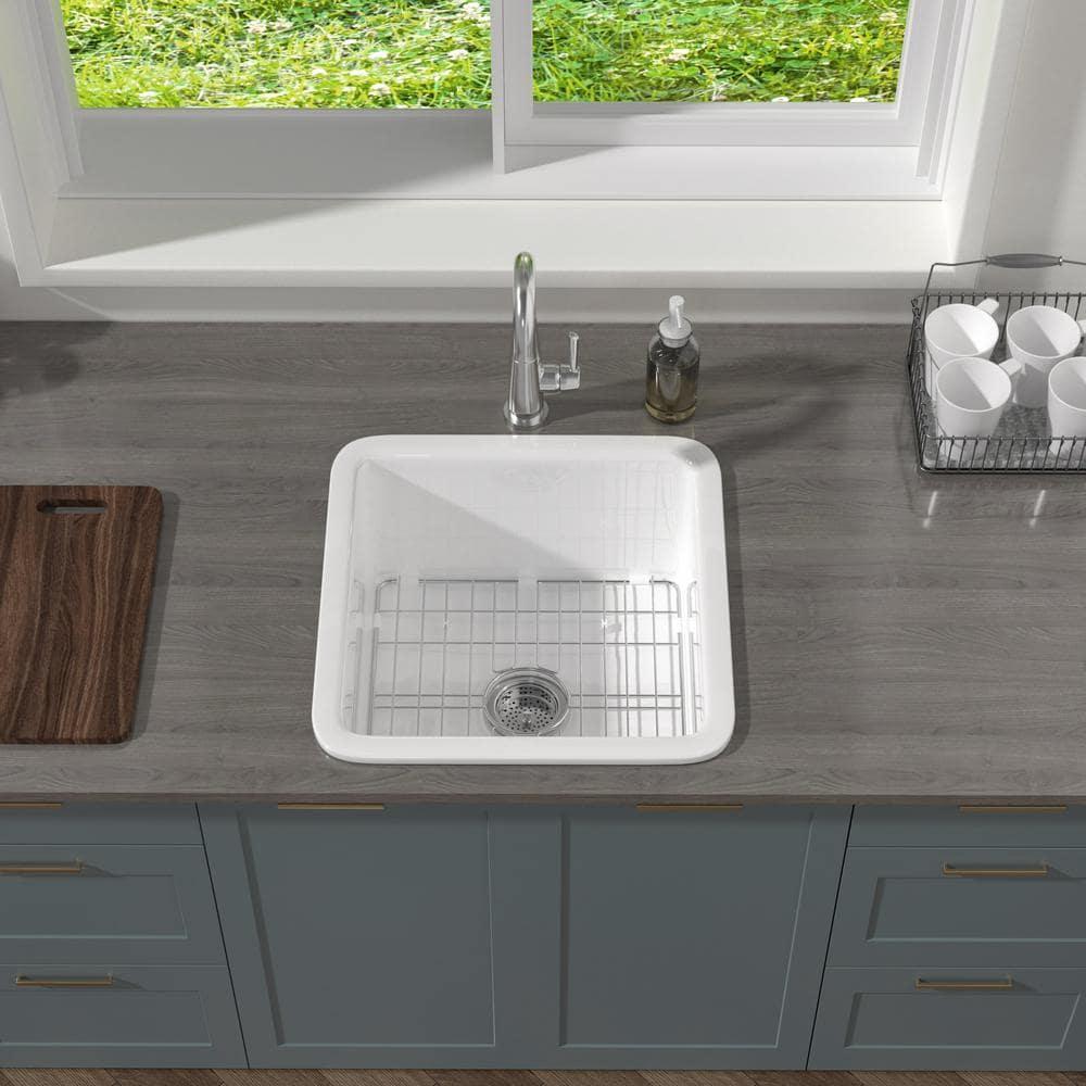 18" L x 18" W Single Bowl Fireclay Kitchen Sinks White with Bottom Grids and Basket Strainer