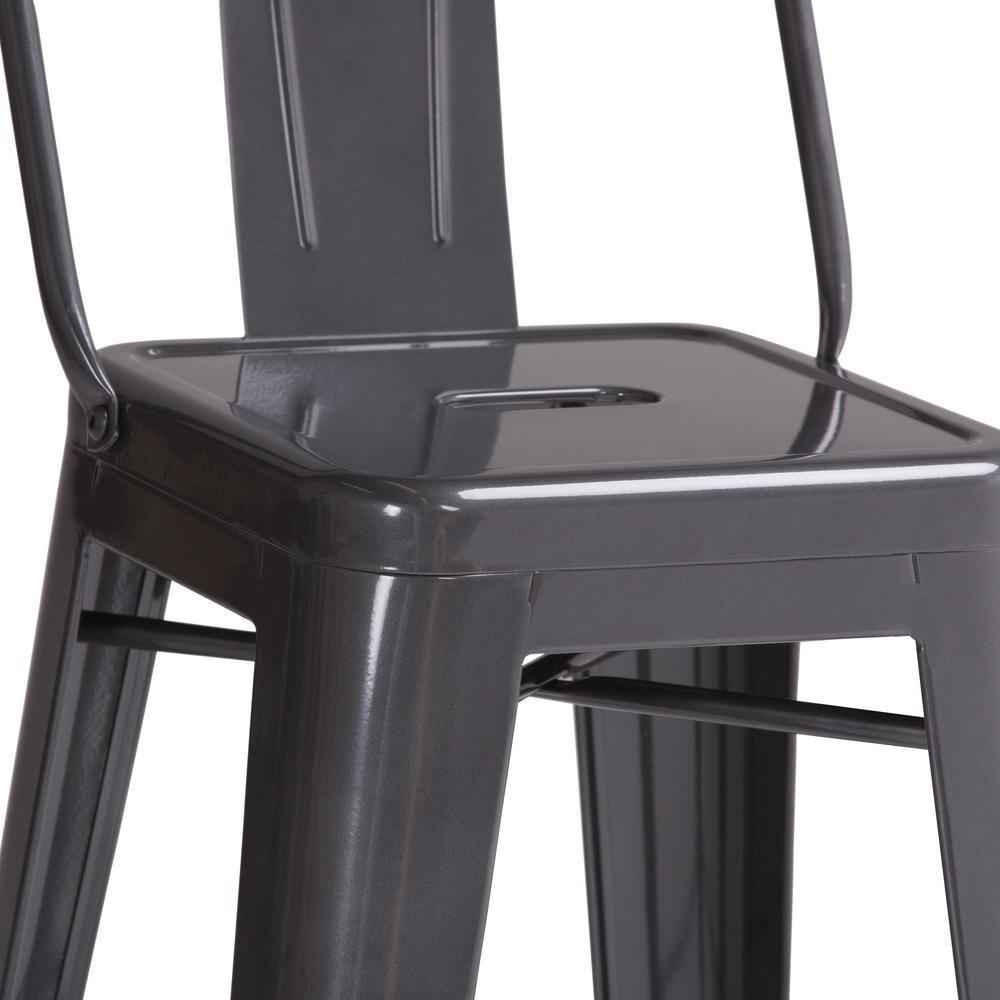 Simpli Home Rayne Metal Industrial Stool with Curved Back, Cross-Brace, and Footrest