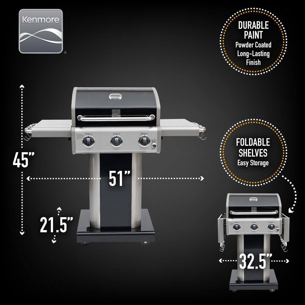 Kenmore 3-Burner Propane Gas Grill with Foldable Side Tables for Outdoor BBQ