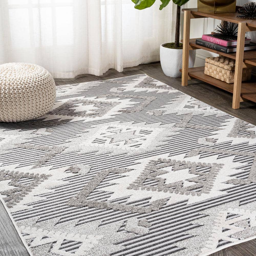 8'x10' Sumak High-Low Pile Neutral Diamond Kilim Indoor/Outdoor Area Rug, Gray/White/Black - JONATHAN Y