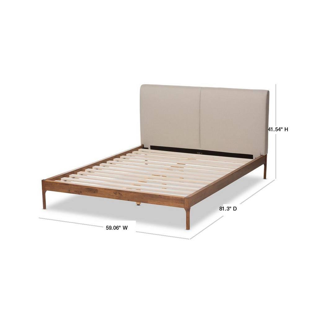 Baxton Studio Full Aveneil Walnut Finished Platform Bed Beige/Walnut Brown: Upholstered Headboard, Wood Composite Frame