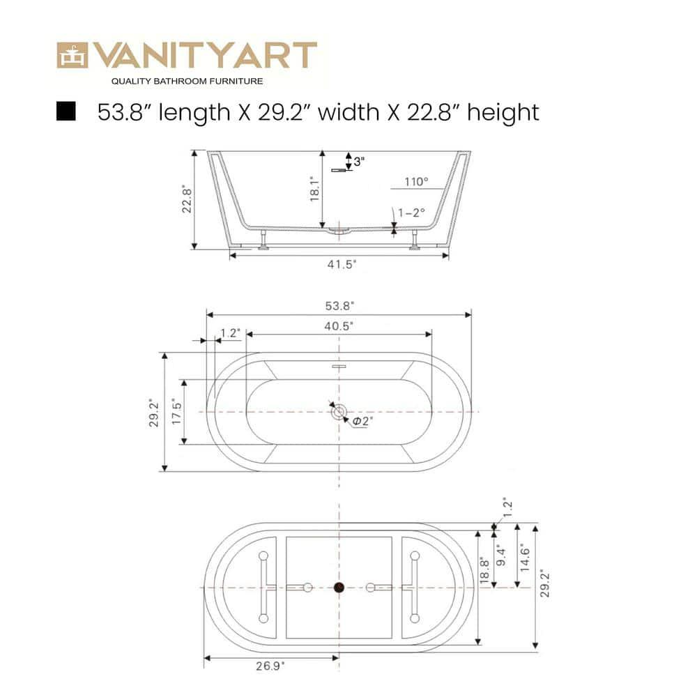 54'' x 29'' Freestanding Soaking Acrylic Bathtub