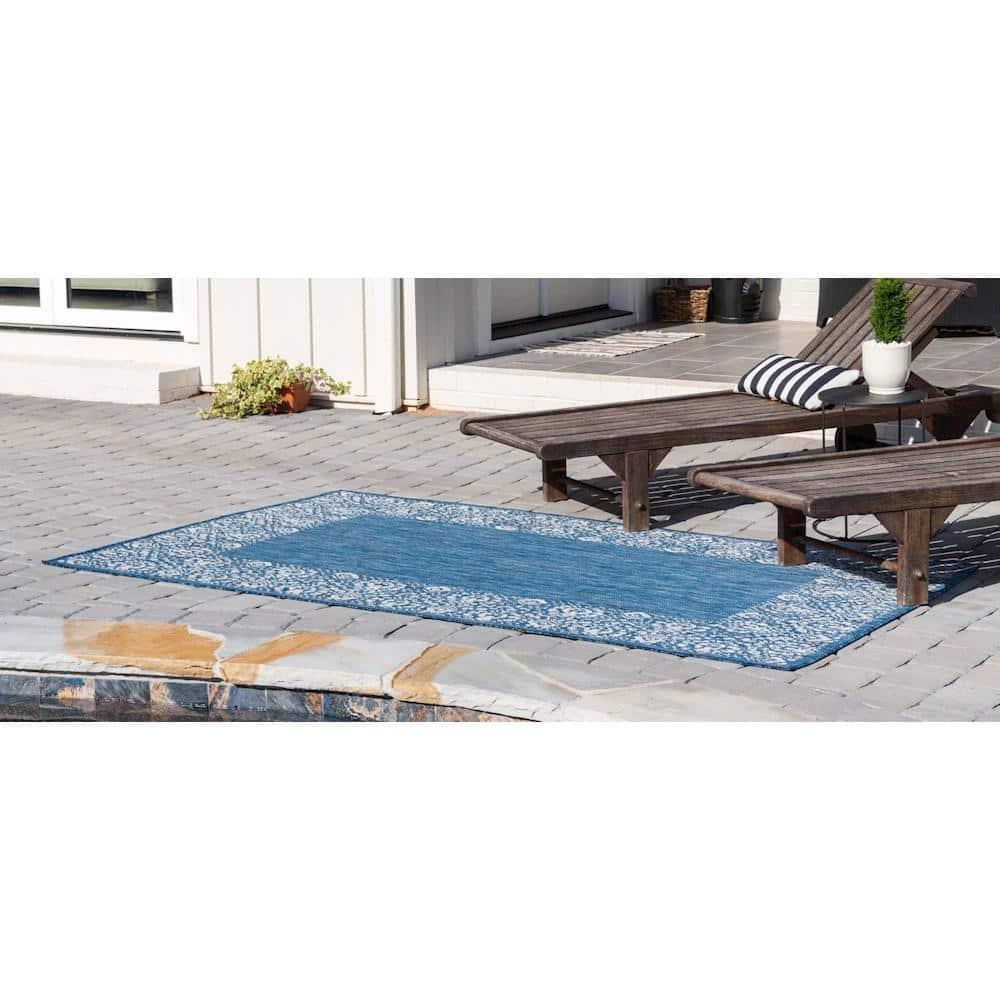 Unique Loom Outdoor Border Collection Area Rug - Floral Border (5' 1" x 8' Rectangle Blue/Ivory)