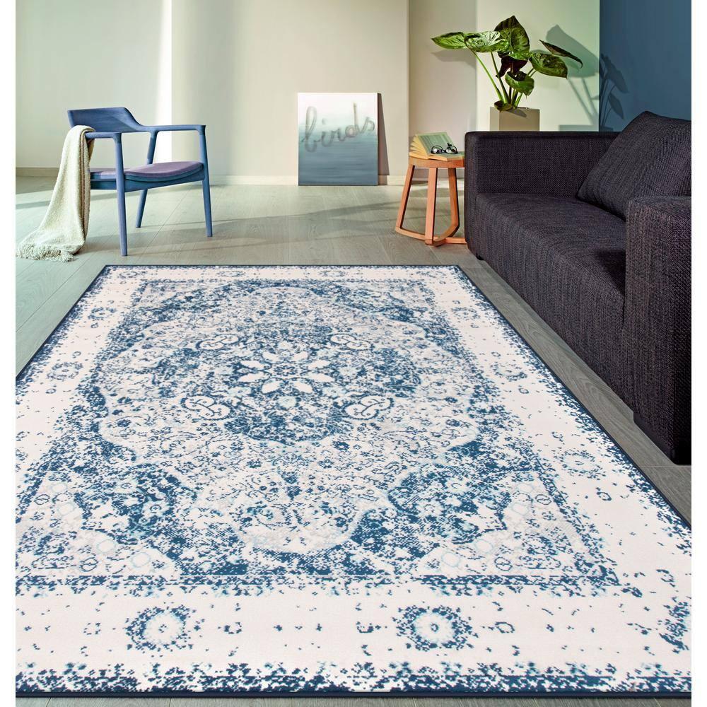 World Rug Gallery Vintage Oriental Distressed Medallion Blue 7'10" x 10' Area Rug