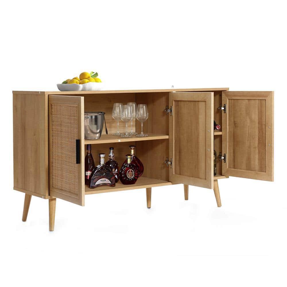 LuxenHome Rattan Buffet Cabinet with Storage, 47" Light Oak Finish Wood Accent Sideboard Cabinet with 3-Door, Boho Coffee Bar Console Table