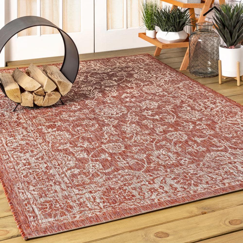 8'x10' Tela Bohemian Textured Weave Floral Indoor/Outdoor Area Rug, Red/Taupe - JONATHAN Y