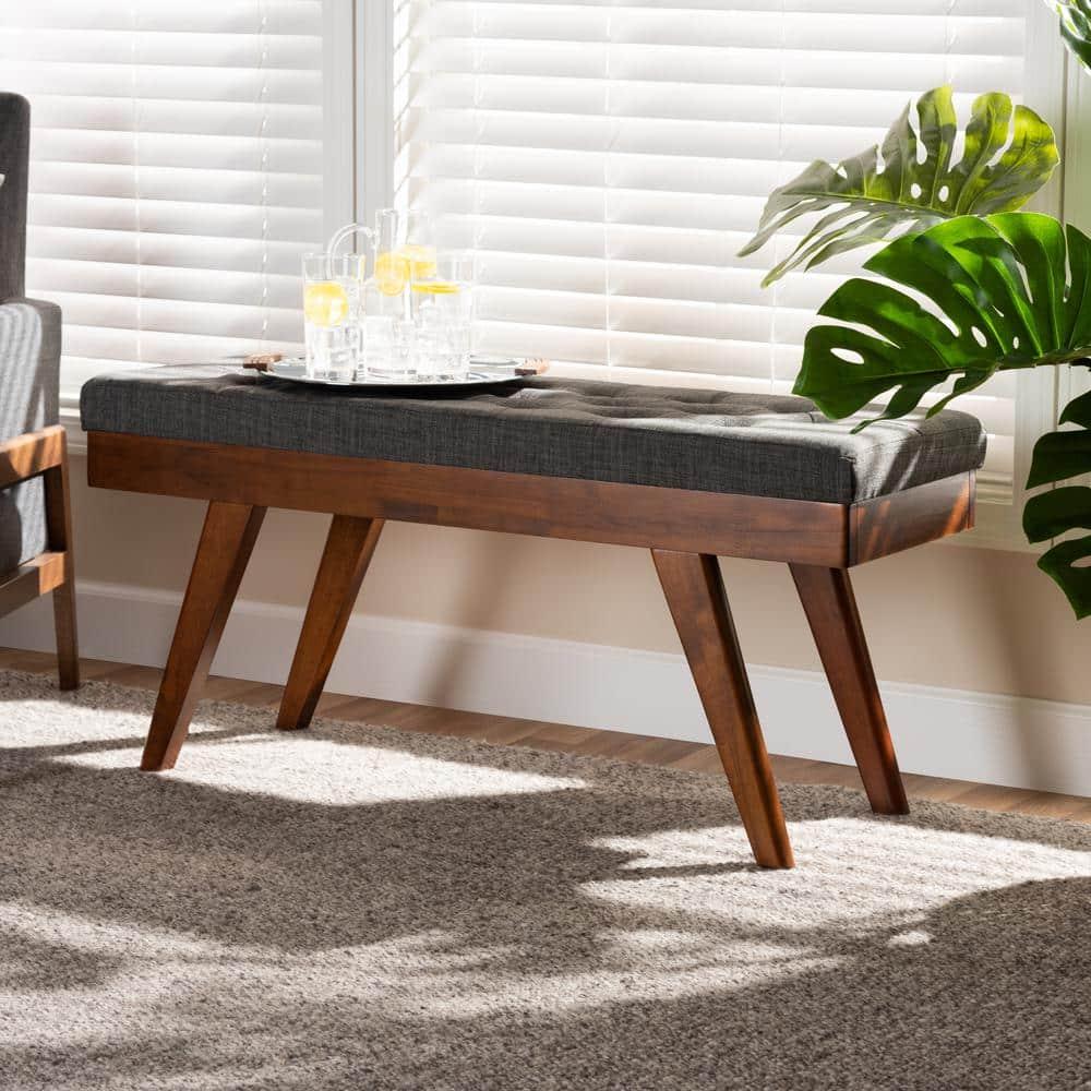 Baxton Studio Alona Medium Wood Dining Bench Gray - : Mid-Century Design, Tapered Legs, Polyester Upholstery, Entryway Seating