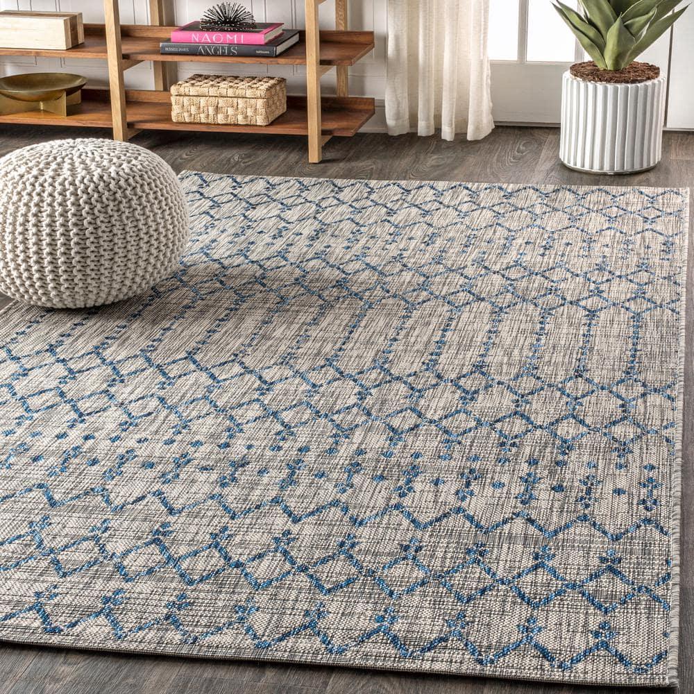 5' x 8' Ourika Moroccan Geometric Textured Weave Indoor/Outdoor Area Rug,  Light Gray/Navy - JONATHAN Y