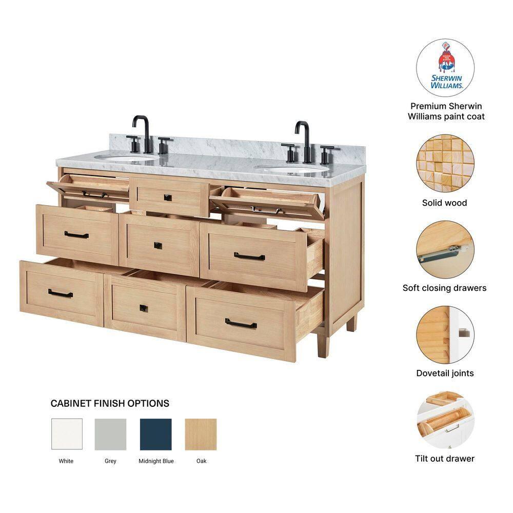 Ariel Monrow 67 Inch Double Oval Sink Bathroom Vanity With Italian Carrara Marble Countertop