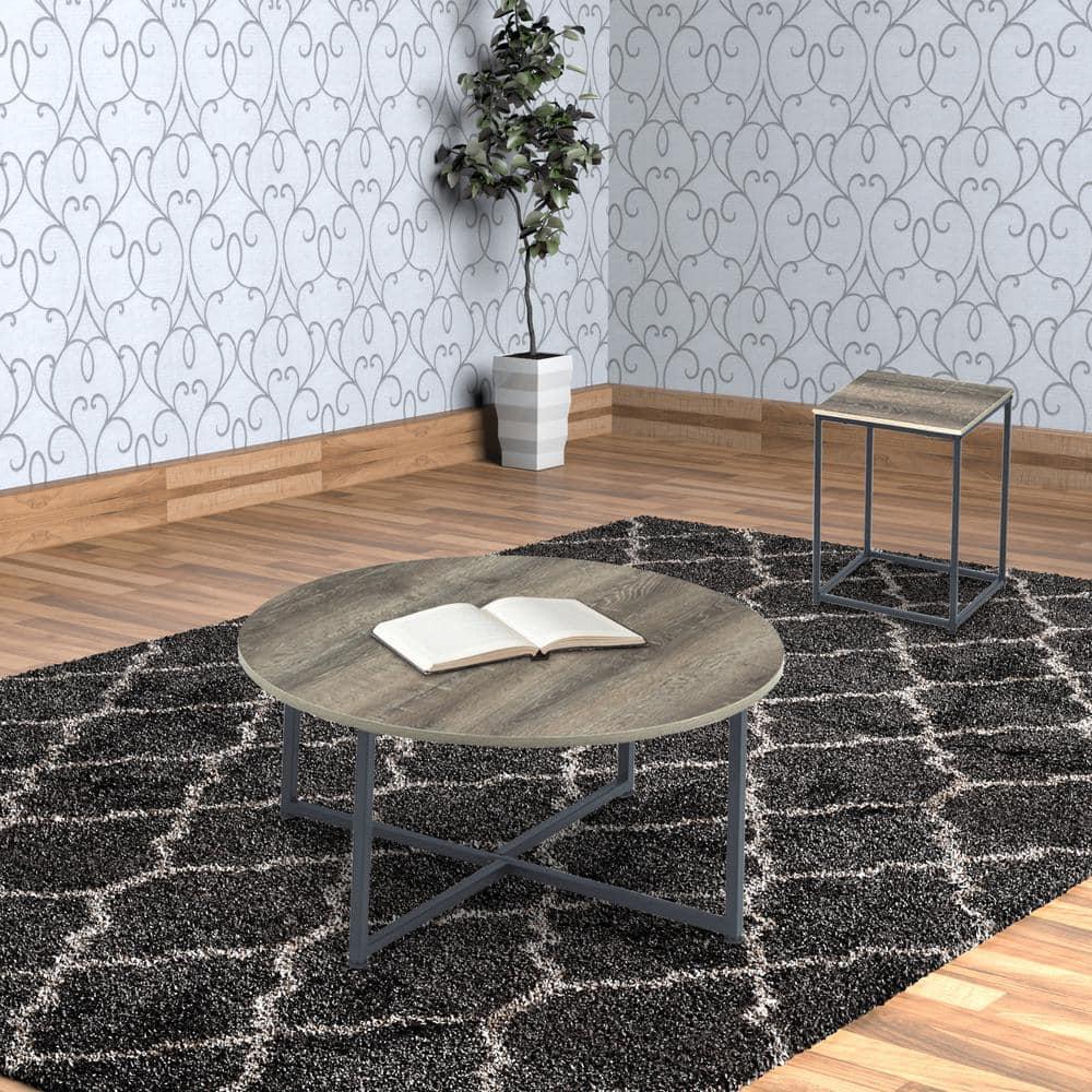 Wooden Table Set with Sturdy Metal Base, Set of Three, Gray and Brown