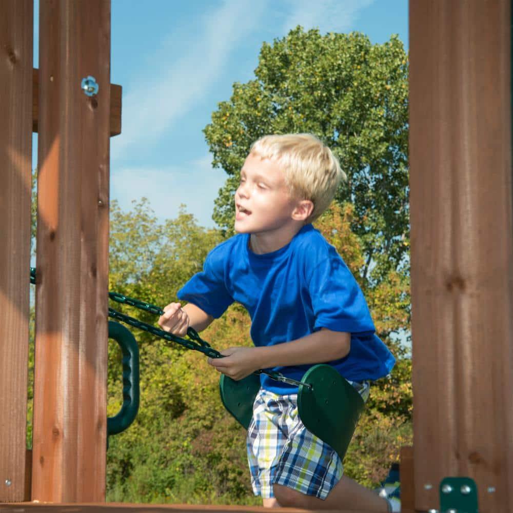 Swing-N-Slide Knightsbridge Wooden Backyard Swing Set with Alpine Wave Slide, Glider Swing, and Rock Climbing Wall