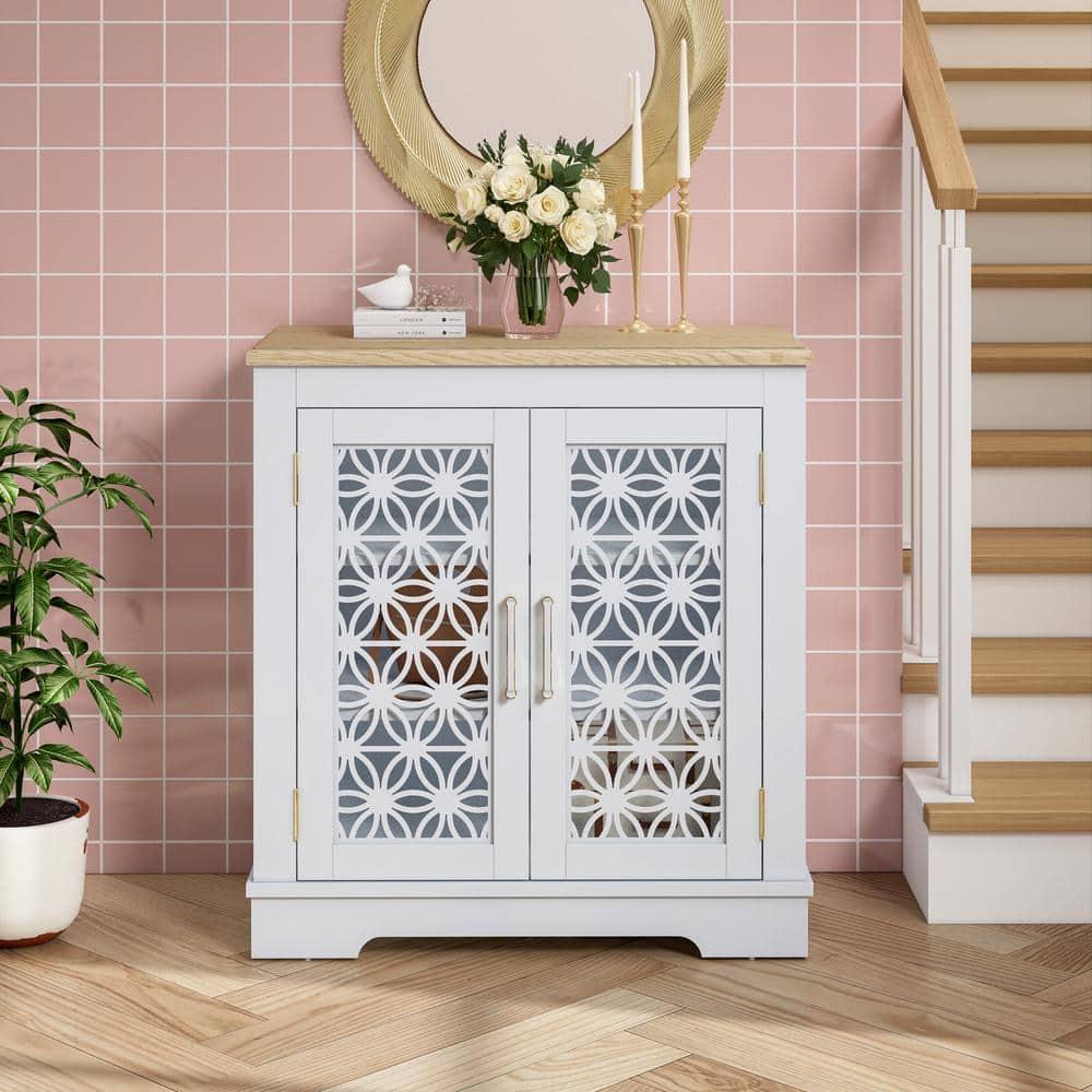 30" Storage Sideboard Buffet Cabinet White - Home Essentials: Rustic Bohemian Style, Adjustable Shelves, Tempered Glass Doors