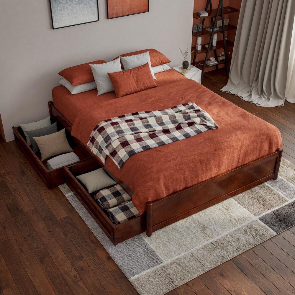 Barcelona Full Solid Wood Panel Platform Bed with Storage Drawers in Walnut