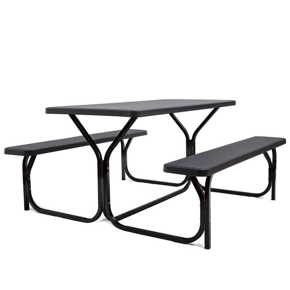 Costway Picnic Table Bench Set Outdoor Backyard Iron Patio Garden Party Dining All Weather Black