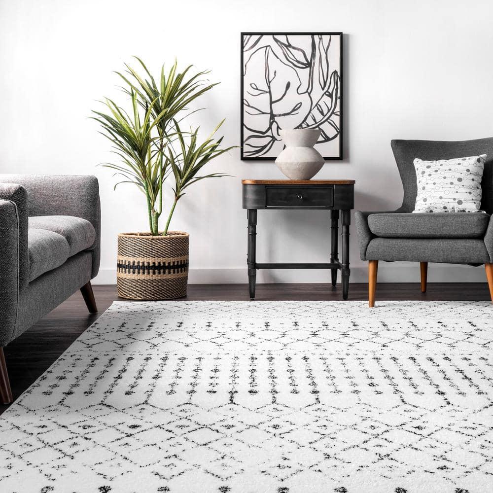 nuLOOM 6' 7" x 9' Moroccan Blythe Area Rug, White and Black, Faded Bohemian Design, Stain Resistant, For Bedroom, Dining Room, Living Room, Hallway, Office, Kitchen, Entryway