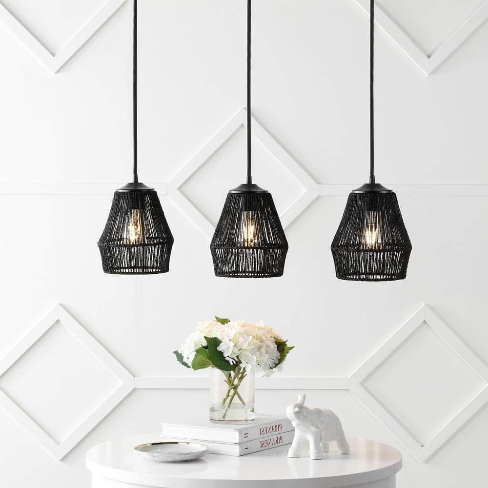 30" 3-Light Ibiza Island Woven Rope/Metal Bohemian Coastal Linear Pendant (Includes LED Light Bulb) Black - JONATHAN Y