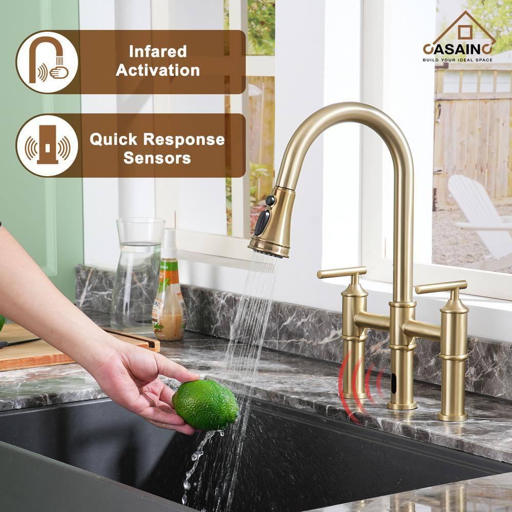 CASAINC Bridge Pull Down Touchless Sensor Kitchen Faucet with 2 Handles