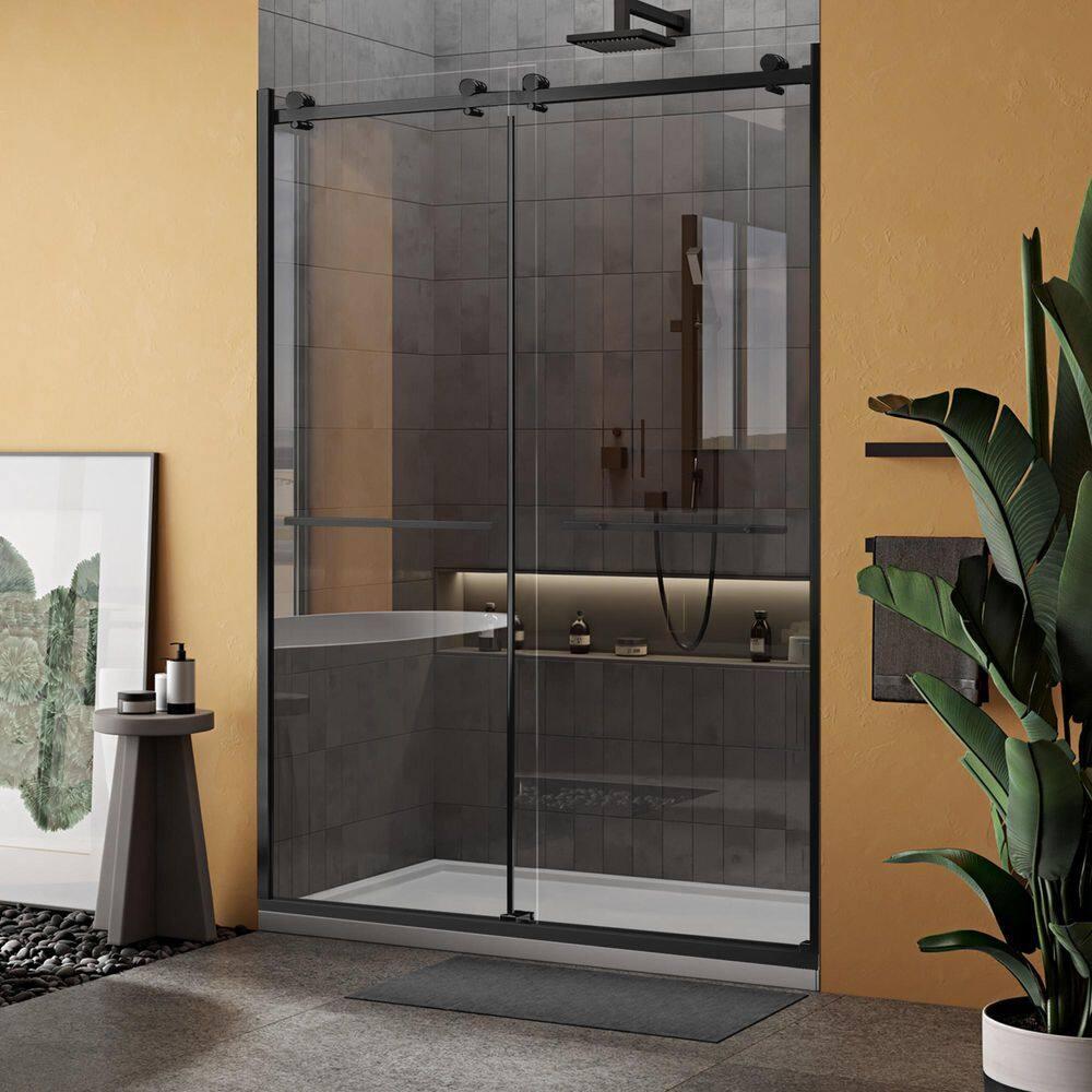 Portofino Frameless Double Sliding Shower Door 44"-48" Width, 74" Height Clear Tempered Glass 3/8 with Matte Black finish & Stain Resistant Glass Coating by Fab Glass and Mirror