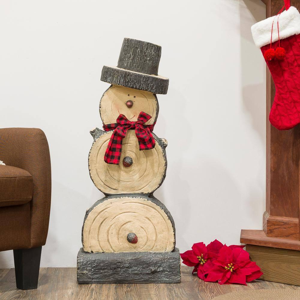 Alpine Corporation 16" x 9" x 38" Wooden Snowman Holiday Statue, Brown/Tan