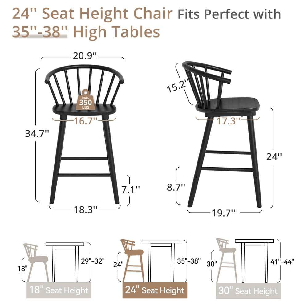 Winson Windsor 24 in. Black Solid Wood Bar Stool for Kitchen Island Counter Stool with Spindle Back Set of 6