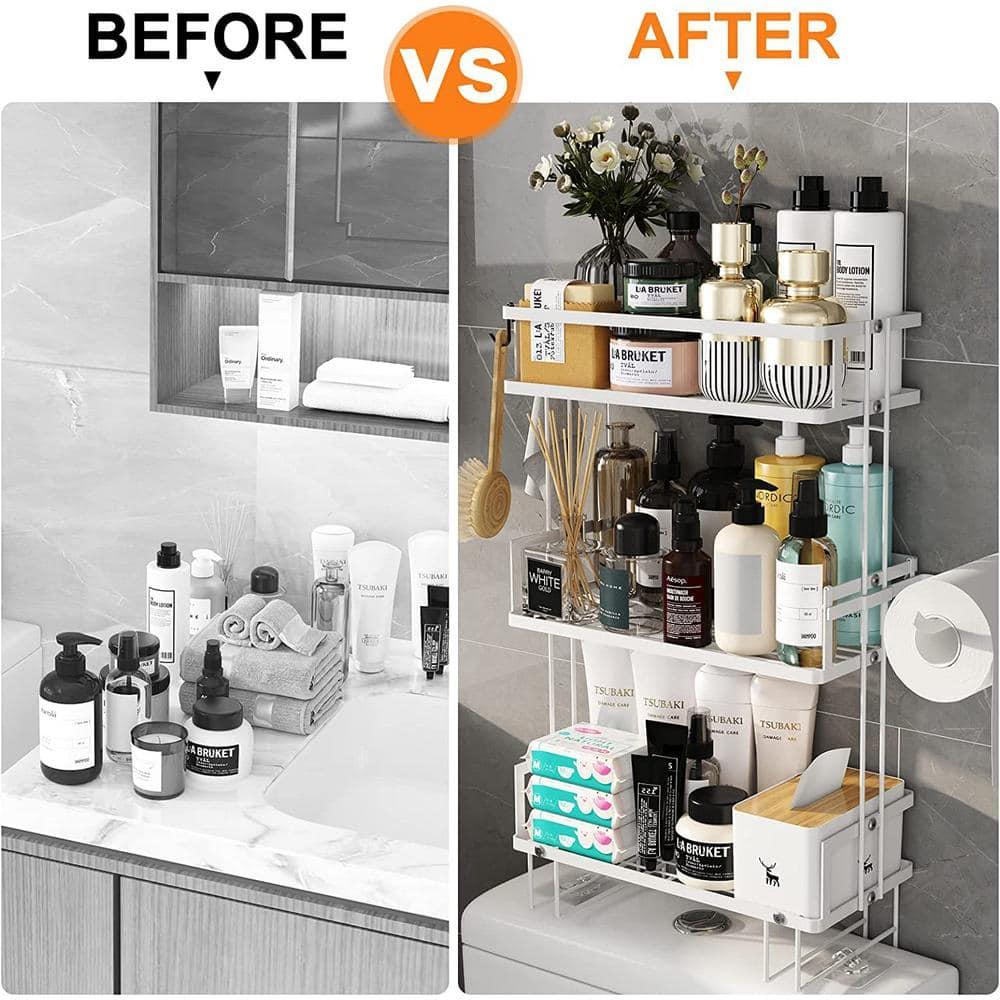 Over Toilet Bathroom Organizer,Over The Toilet Storage Shelf, Toilet Shelf with Toilet Paper Holder,Bathroom Shelf Over Toilet,3 Tier Toilet Storage Rack White Metal