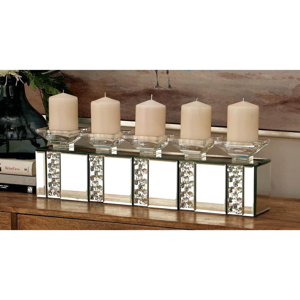 Mercer41 Glass Pillar 5 Plate Decorative Silver Candelabra with Mirrored Accents and Crystals