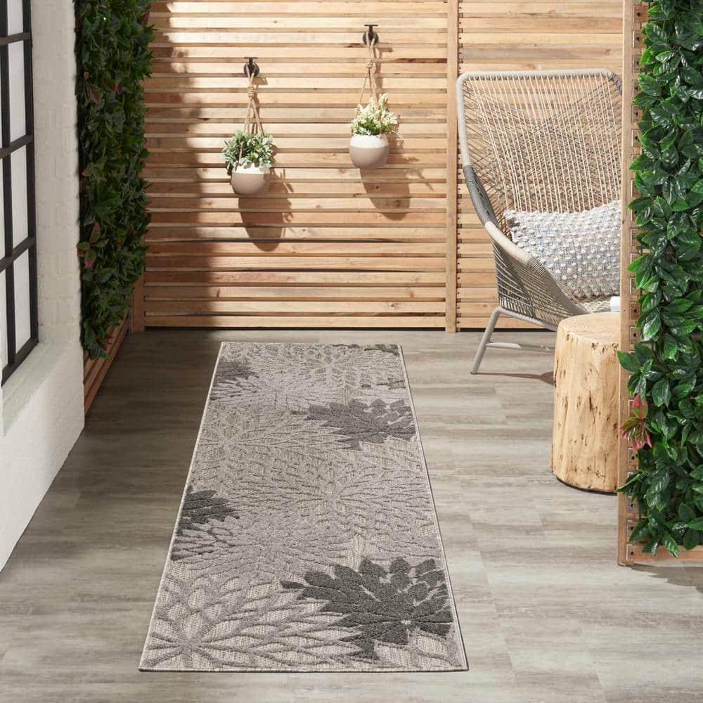 Nourison Aloha Floral Bloom Flatweave High-Low Indoor Outdoor Runner Rug Silver Grey 2'3" x 12'