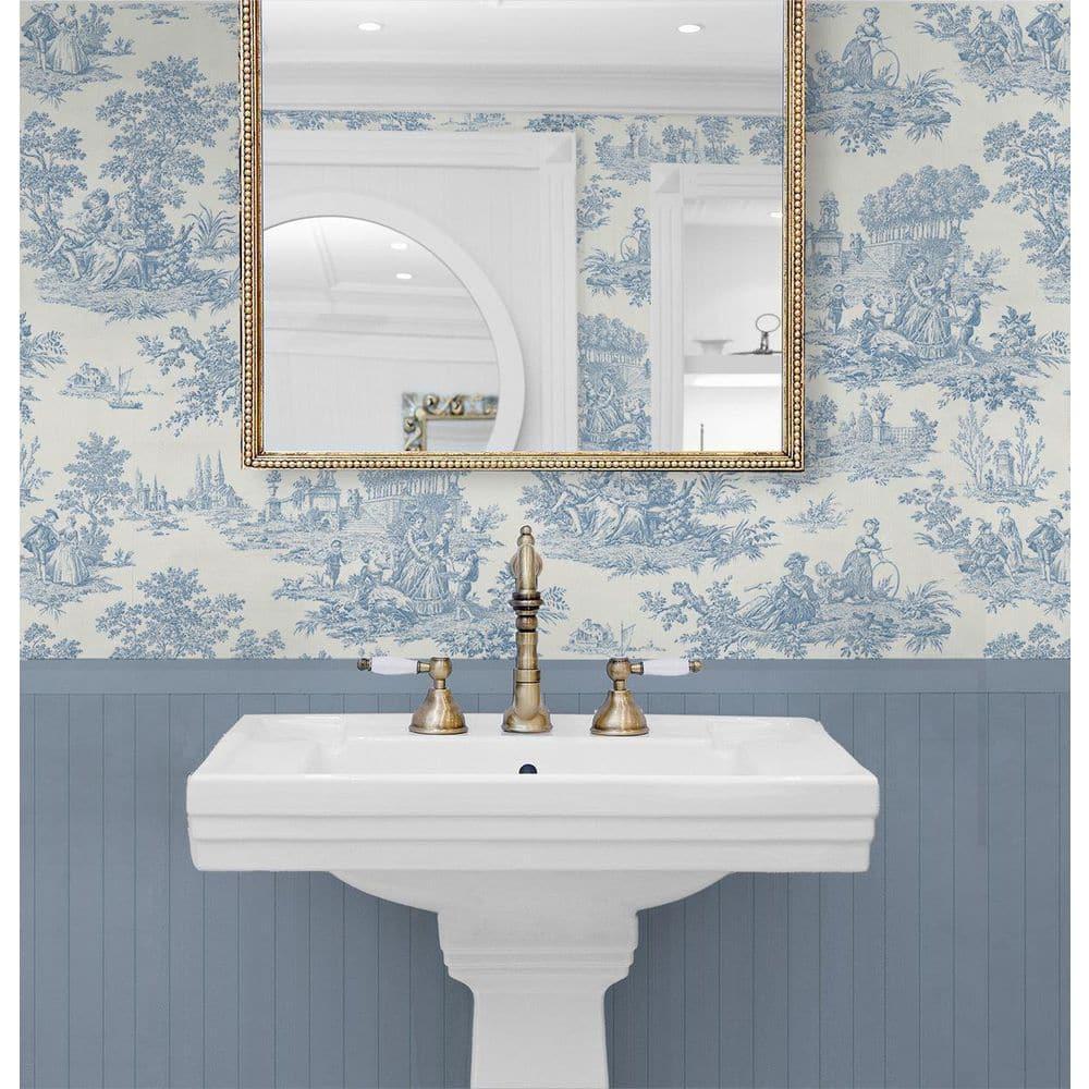 Seabrook Designs Blue Bell Chateau Toile Prepasted Wallpaper