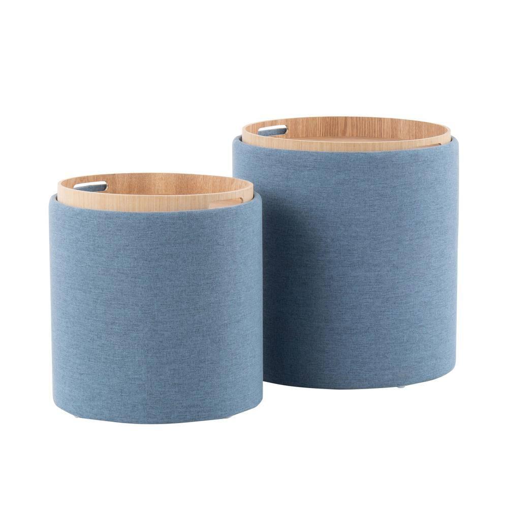 Tray Polyester Wood Contemporary Nesting Ottoman Set Blue/Natural - LumiSource: 2-Piece, Storage Compartment, No Assembly Required