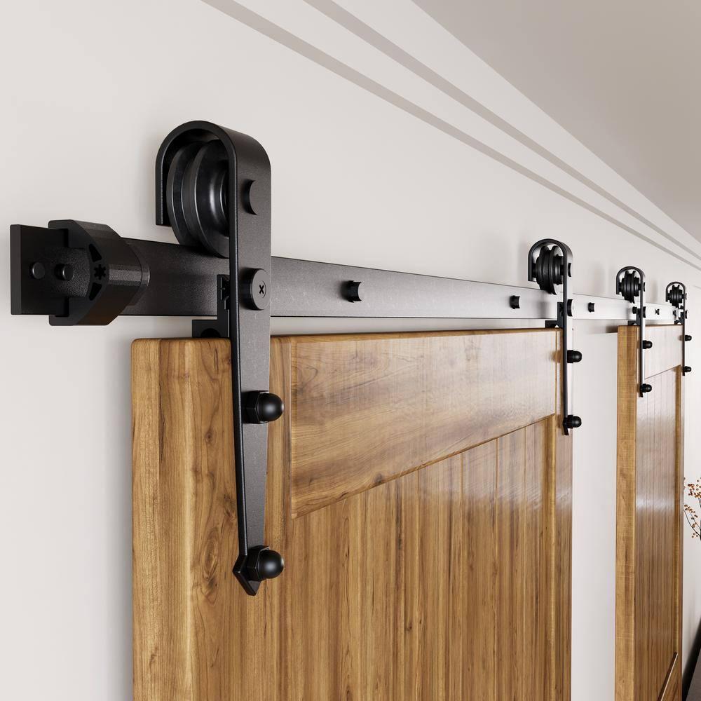 Homacer Black Rustic Sliding Barn Door Hardware Kit, for Two/Double Doors, 7.5ft Long Flat Track, Arrow Design Roller, Heavy Duty, for Interior & Exterior Use