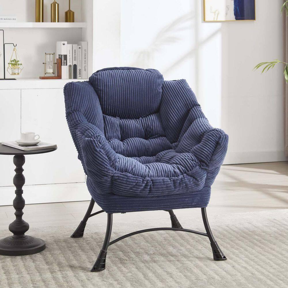Modern Lazy Chair with Ottoman, Accent Chair with Armrests and a Side Pocket, Blue Cotton Reading Chair with Footrest-Coolbibila